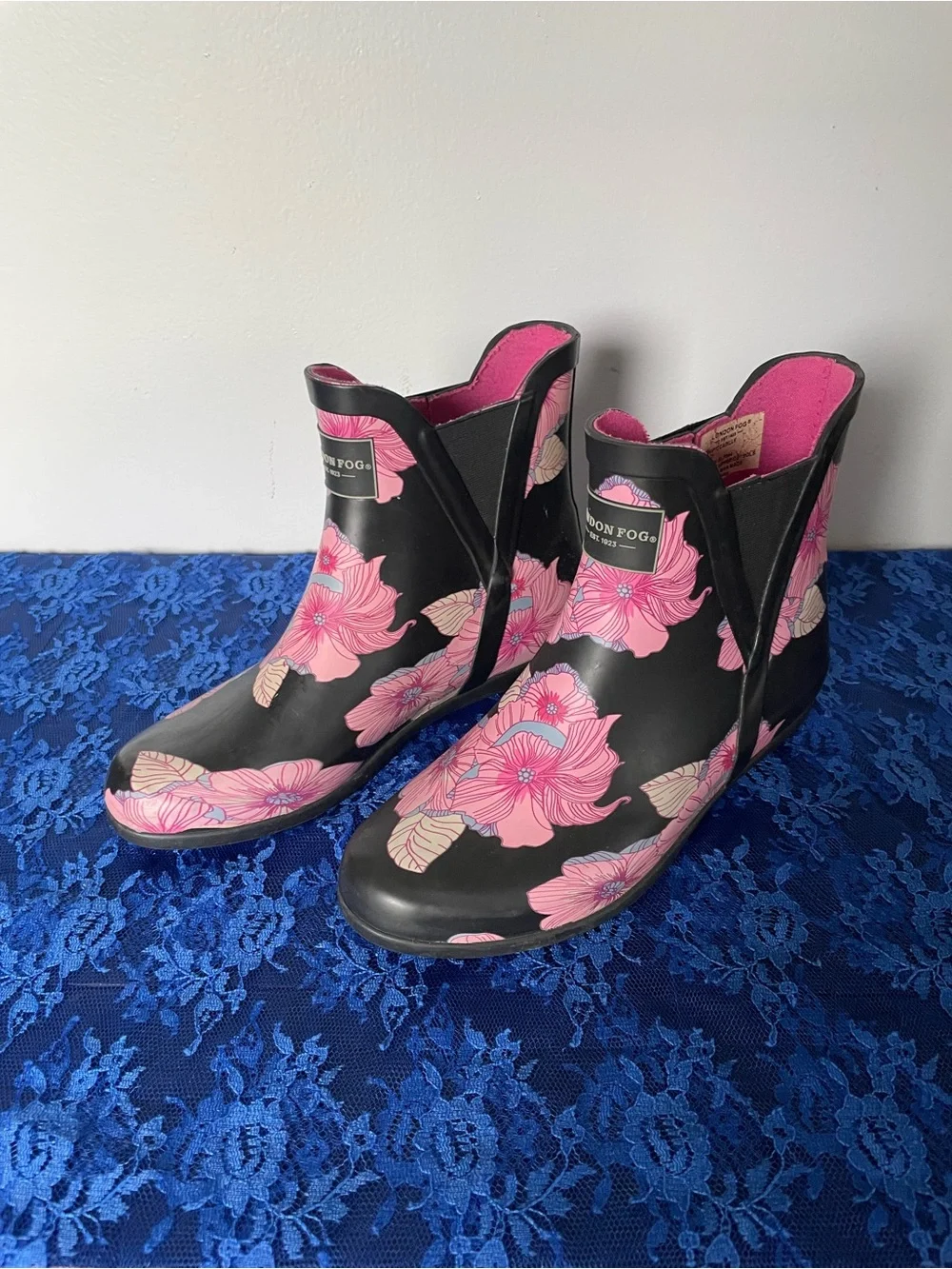 London Fog Women's Ankle Rain Boots with Pink Floral Pattern, Size 7